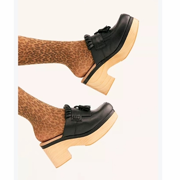 Free People Shoes - Free People Black Leather‎ Clogs with Natural Wooden Heel